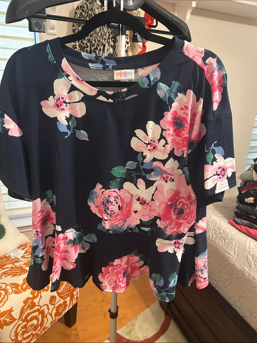 LuLaRoe June Peplum Navy Top with Pink Floral Print